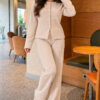 Wide-Leg Blouse and Basic Two-Piece Set Beige