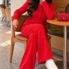 Wide-Leg Blouse and Basic Two-Piece Set Red