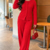 ⁦Wide-Leg Blouse and Basic Two-Piece Set Red⁩ - الصورة ⁦2⁩