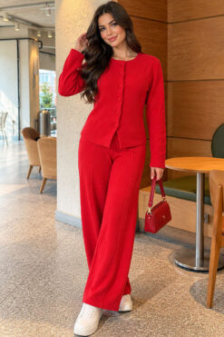 Alternative view of Wide-Leg Blouse and Basic Two-Piece Set Red