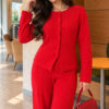 ⁦Wide-Leg Blouse and Basic Two-Piece Set Red⁩ - الصورة ⁦3⁩