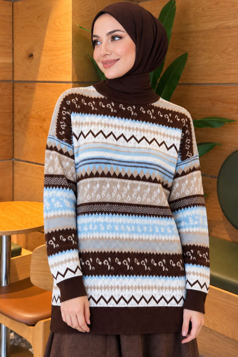 Geometric Patterned Knit Sweater Brown