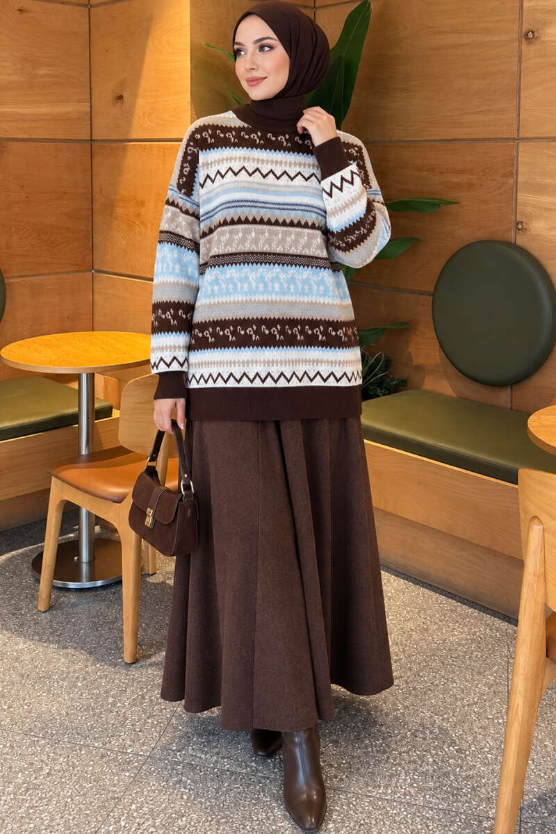 Geometric Patterned Knit Sweater Brown - الصورة 2