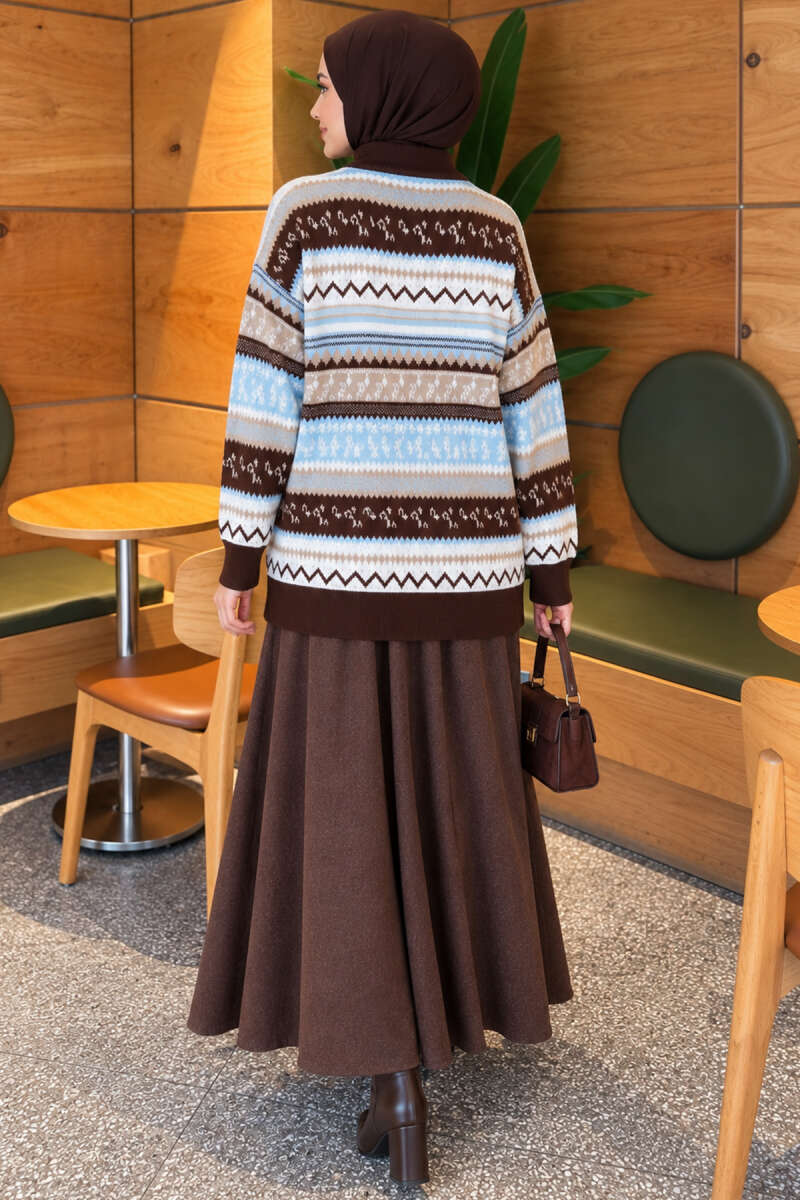 Geometric Patterned Knit Sweater Brown - الصورة 4