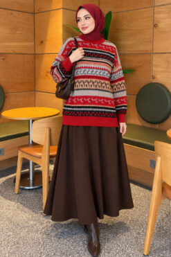 Alternative view of Geometric Patterned Knit Sweater Red