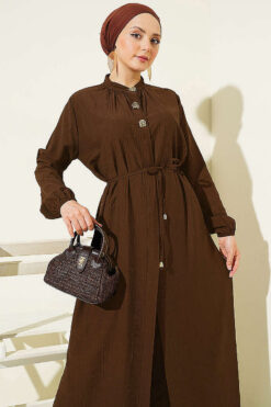 Alternative view of Long Tunic with Hidden Button Two-Piece Set Brown