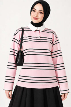 Alternative view of Hidden Button Horizontal Striped Tunic Pink
