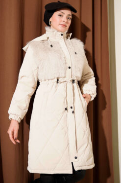 Alternative view of Faux Fur-Trimmed Quilted Hoodie with Chest Pockets Beige