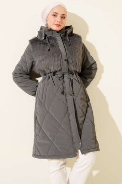 Alternative view of Faux Fur-Trimmed Quilted Hoodie with Chest Pockets Smoke