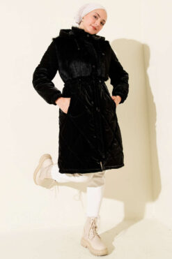 Alternative view of Faux Fur-Trimmed Quilted Hoodie with Chest Pockets Black