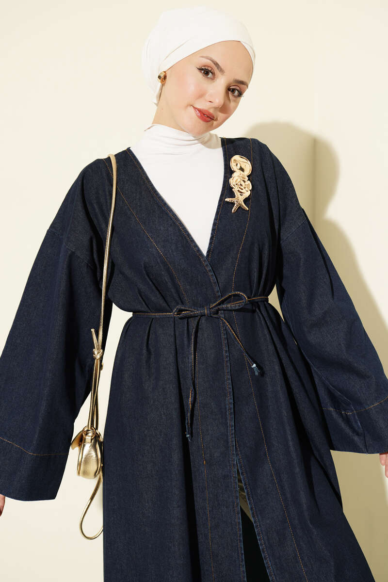 Gold-Accented V-Neck Cardigan Dark Blue - الصورة 2