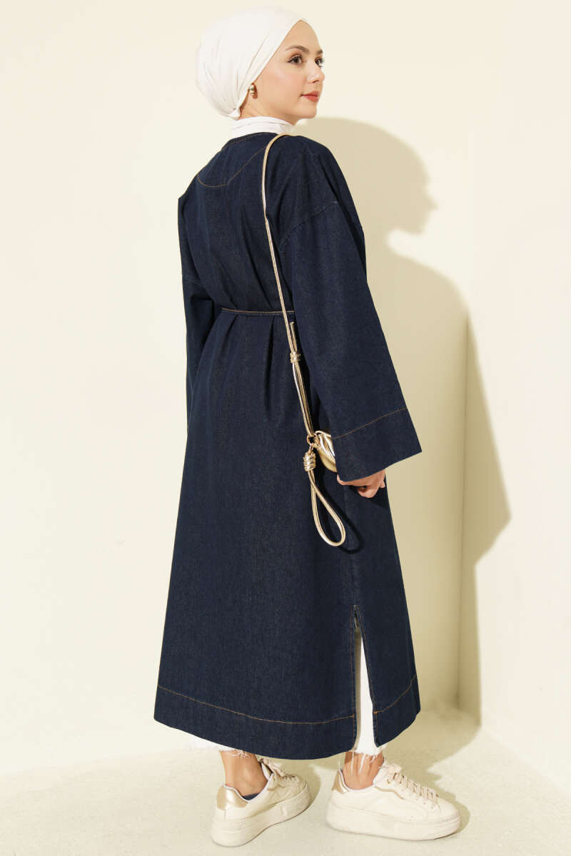 Gold-Accented V-Neck Cardigan Dark Blue - الصورة 3
