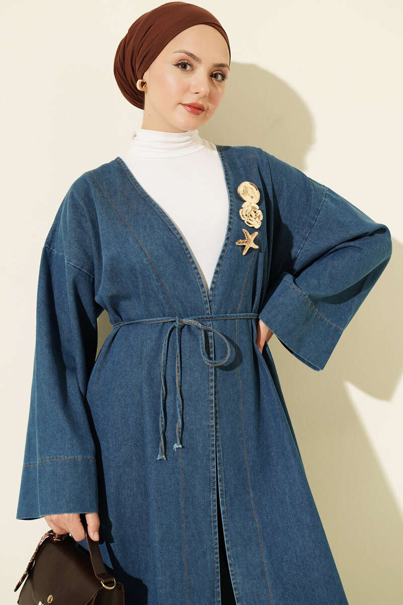 Gold-Accented V-Neck Cardigan Light Blue - الصورة 2