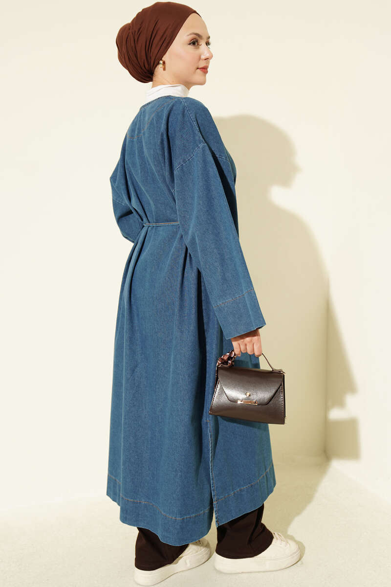 Gold-Accented V-Neck Cardigan Light Blue - الصورة 3