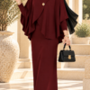 Gold Brooch-Accented Asymmetric Hem Two-Piece Set Burgundy