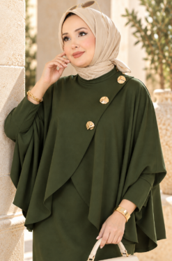 Alternative view of Gold Brooch-Accented Asymmetric Hem Two-Piece Set Khaki