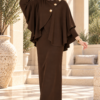 Gold Brooch-Accented Asymmetric Hem Two-Piece Set Brown