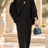 Gold Brooch-Accented Asymmetric Hem Two-Piece Set Black