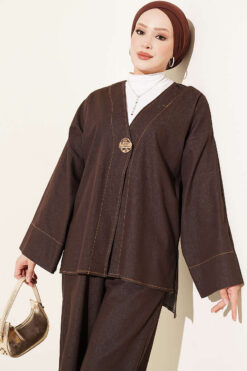 Alternative view of Gold Brooch-Accented Two-Piece Set Dark Brown