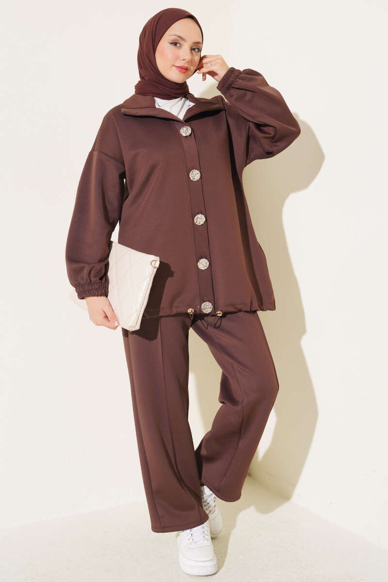 Gold Button Detailing Crewneck Two-Piece Set Brown