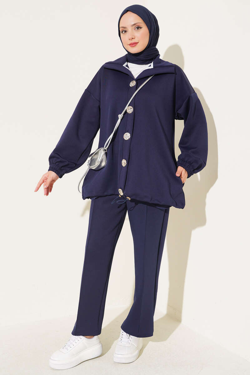 Gold Button Detailing Crewneck Two-Piece Set Navy Blue
