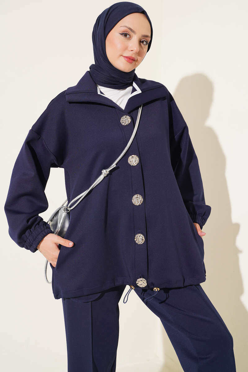 Gold Button Detailing Crewneck Two-Piece Set Navy Blue – Bild 2