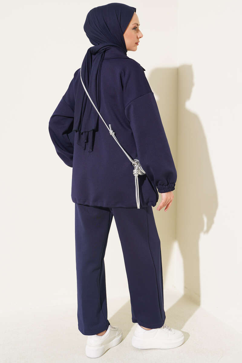 Gold Button Detailing Crewneck Two-Piece Set Navy Blue – Bild 3