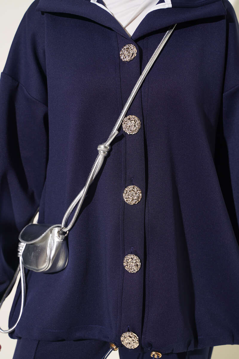 Gold Button Detailing Crewneck Two-Piece Set Navy Blue – Bild 4