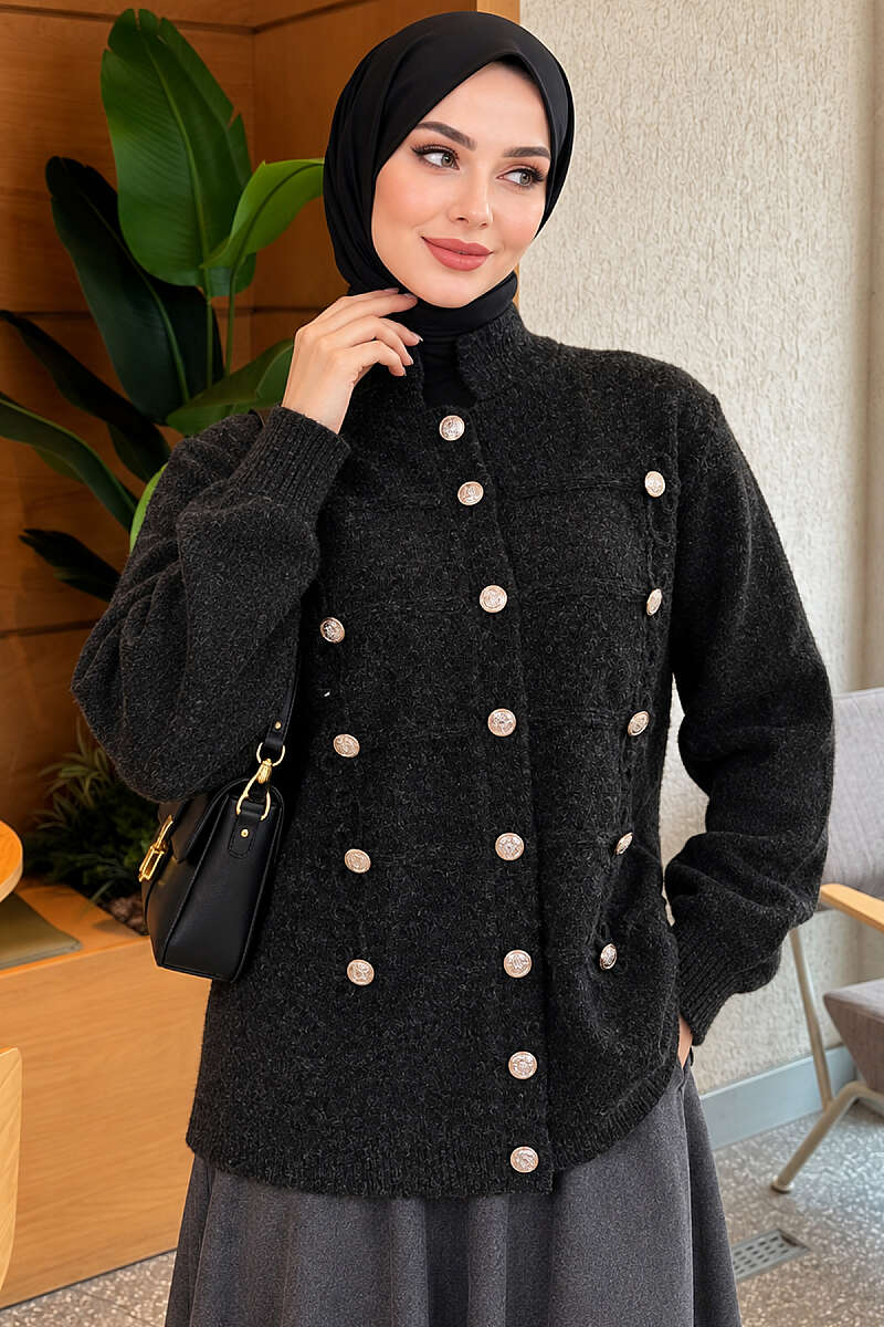 Gold Button Detailed Knit Cardigan Anthracite
