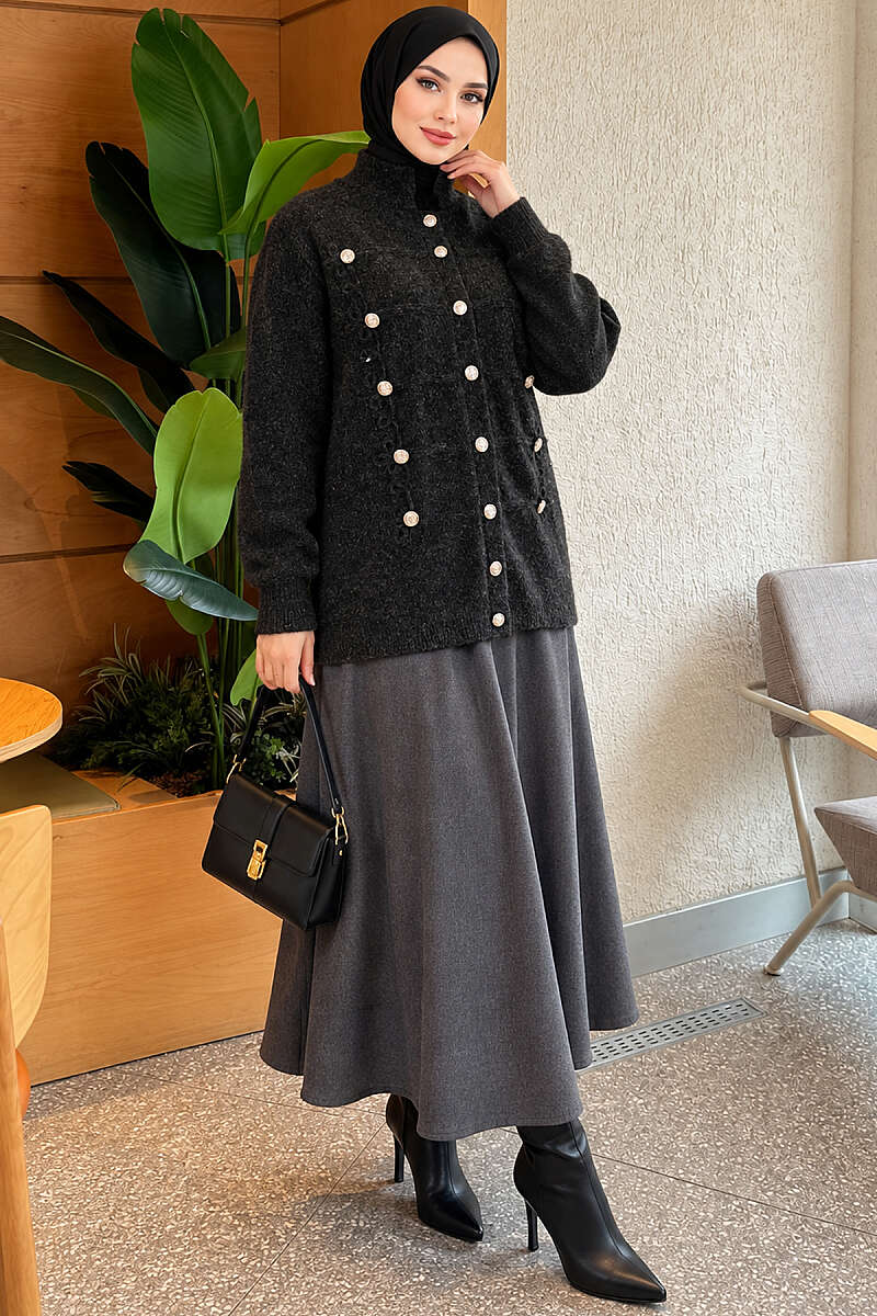 Gold Button Detailed Knit Cardigan Anthracite – Image 2