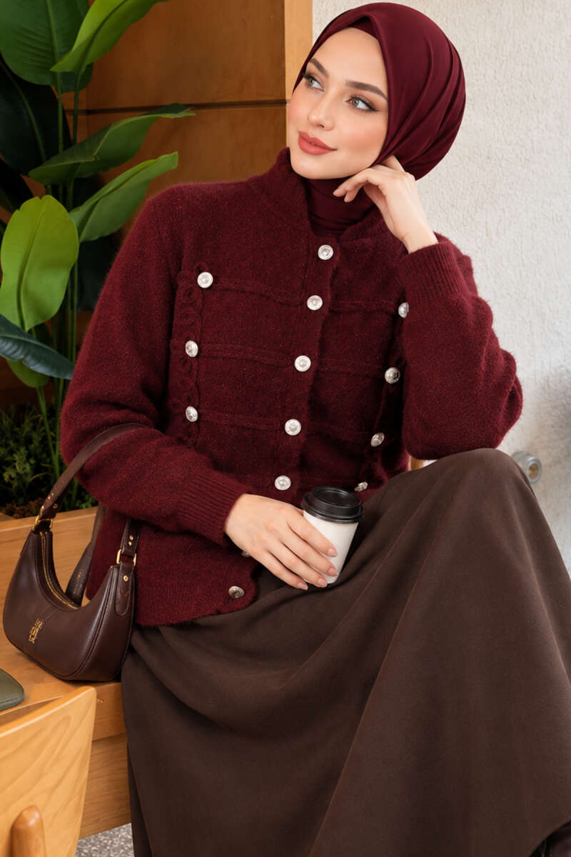 Gold Button Detailed Knit Cardigan Burgundy