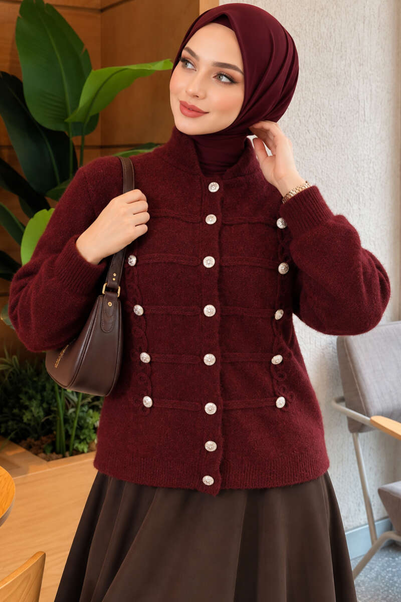 Gold Button Detailed Knit Cardigan Burgundy - الصورة 2