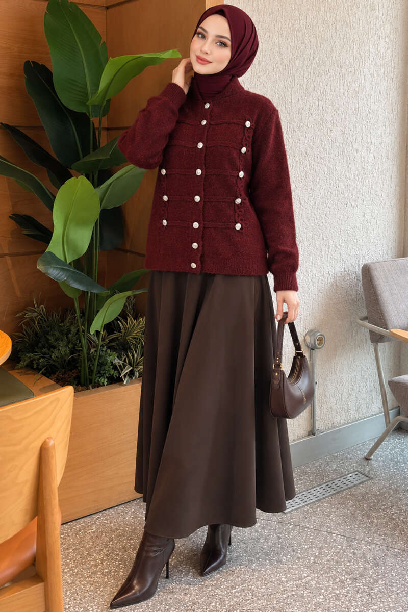 Gold Button Detailed Knit Cardigan Burgundy - الصورة 4