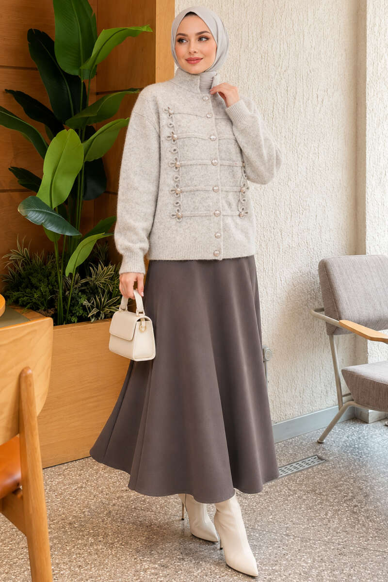 Gold Button Detailed Knit Cardigan Grey - Afbeelding 2