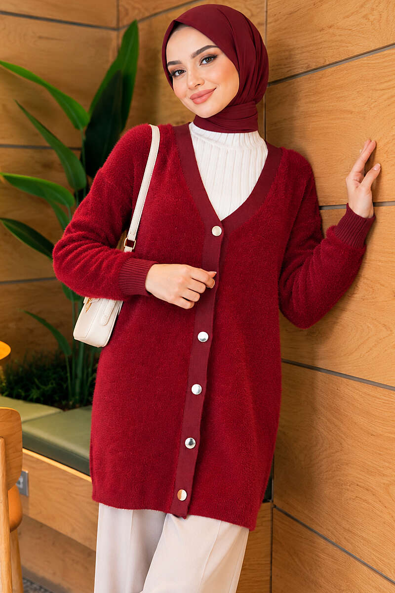 Gold Buttoned Angora Cardigan Burgundy