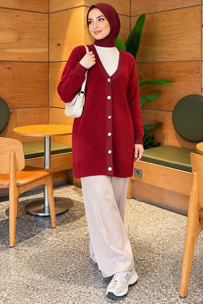 Gold Buttoned Angora Cardigan Burgundy – Image 2