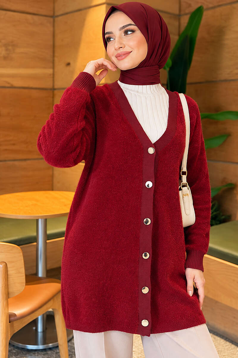 Gold Buttoned Angora Cardigan Burgundy – Image 3