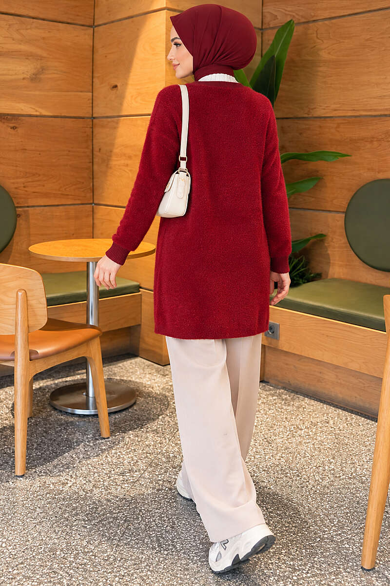 Gold Buttoned Angora Cardigan Burgundy – Image 4