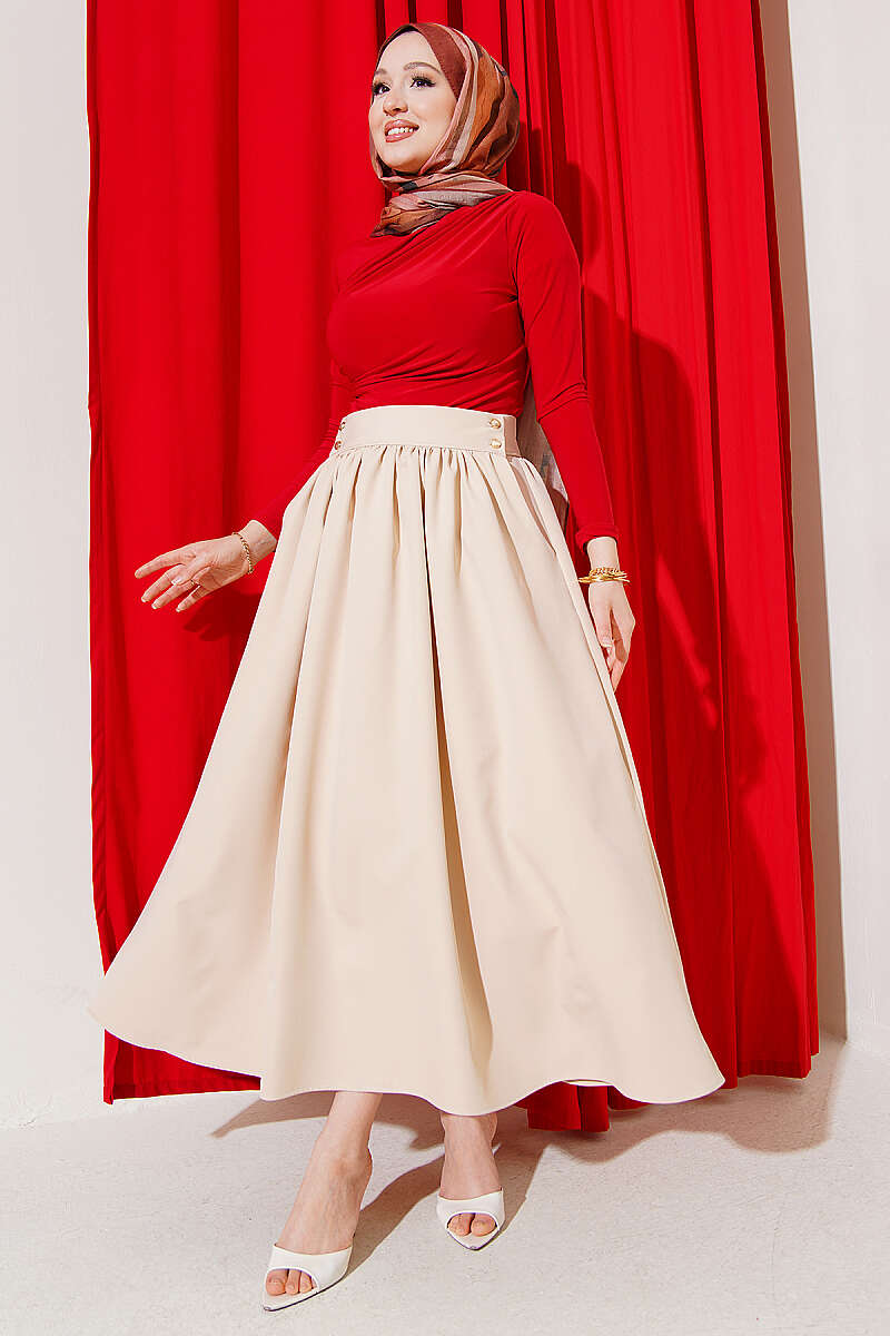 Buttoned Pocket Dabıl Skirt Beige – Image 2