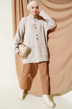 Alternative view of Gold Buttoned Pocket French Terry Knit Cardigan Beige
