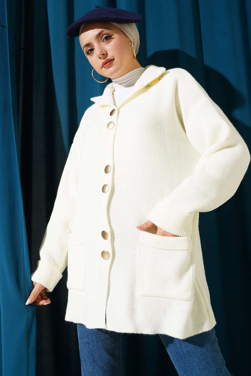 Gold Buttoned Pocket French Terry Knit Cardigan Gold - الصورة 6