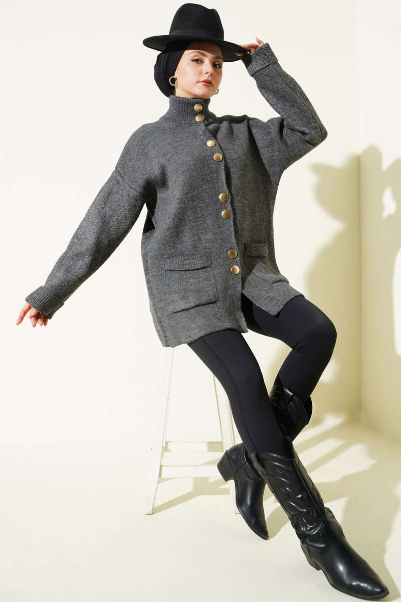 Gold Buttoned Pocket French Terry Knit Cardigan Smoke