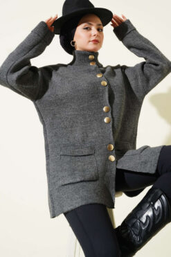 Alternative view of Gold Buttoned Pocket French Terry Knit Cardigan Smoke