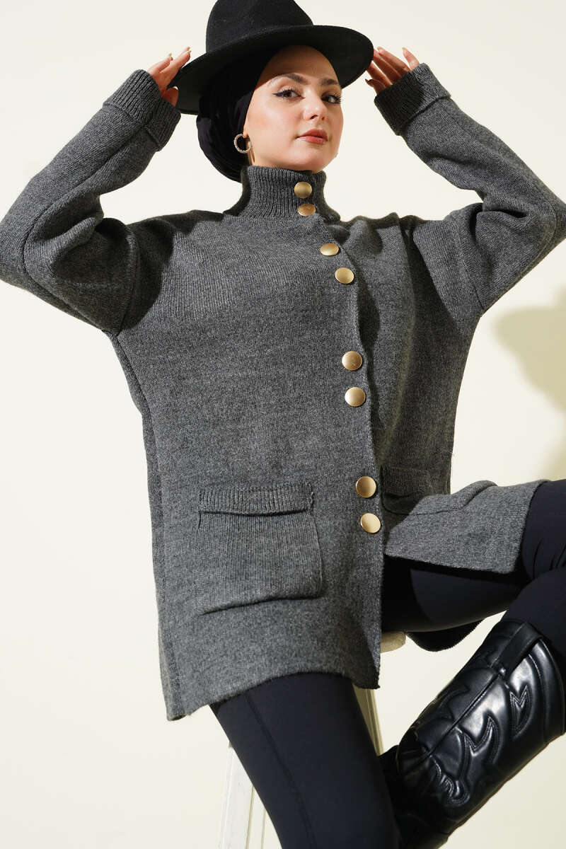 Gold Buttoned Pocket French Terry Knit Cardigan Smoke - الصورة 2