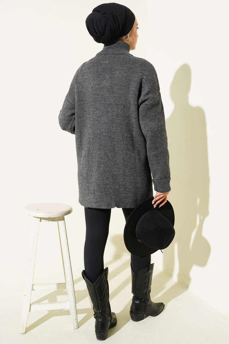 Gold Buttoned Pocket French Terry Knit Cardigan Smoke - الصورة 3