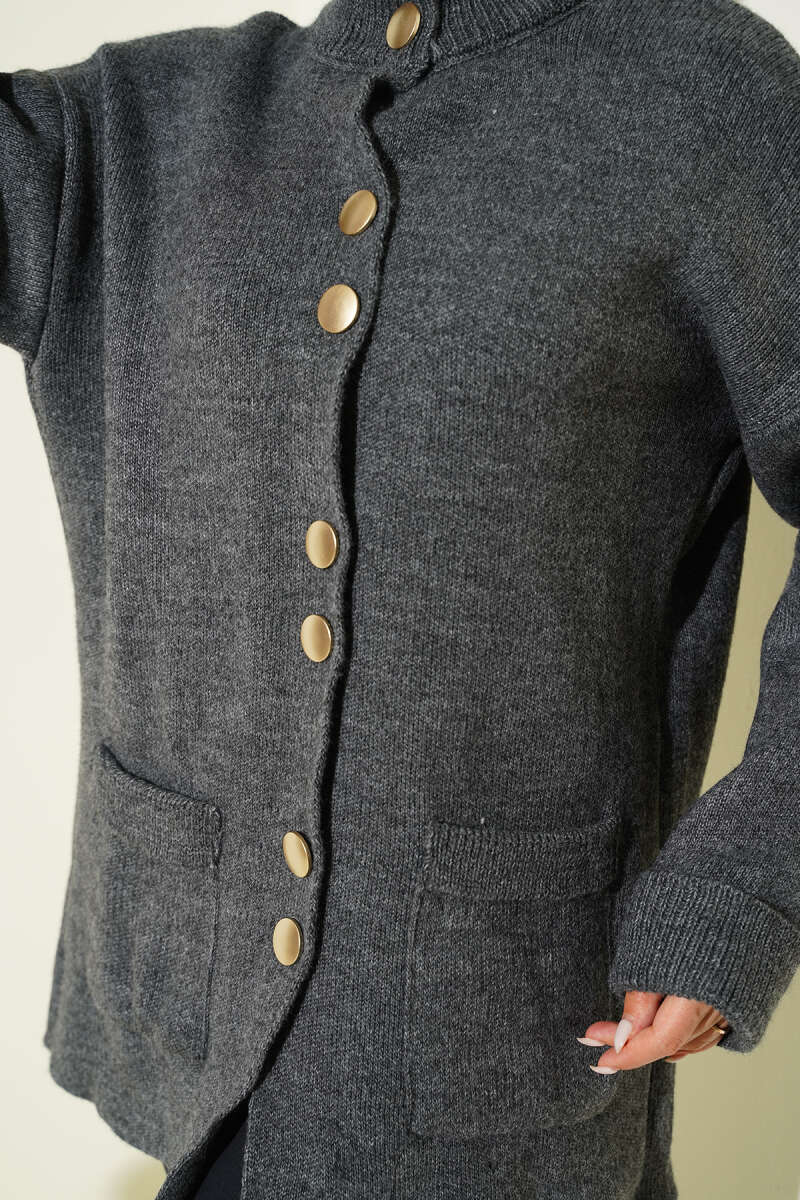 Gold Buttoned Pocket French Terry Knit Cardigan Smoke - الصورة 4