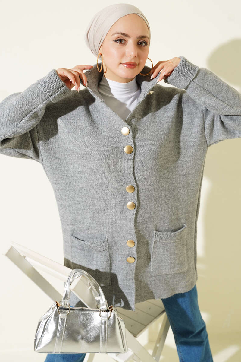 Gold Buttoned Pocket French Terry Knit Cardigan Gold - الصورة 8
