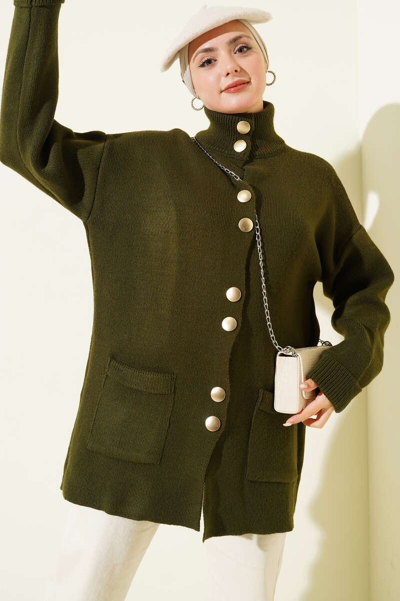 Gold Buttoned Pocket French Terry Knit Cardigan Khaki
