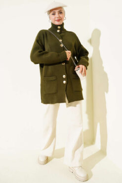 Alternative view of Gold Buttoned Pocket French Terry Knit Cardigan Khaki