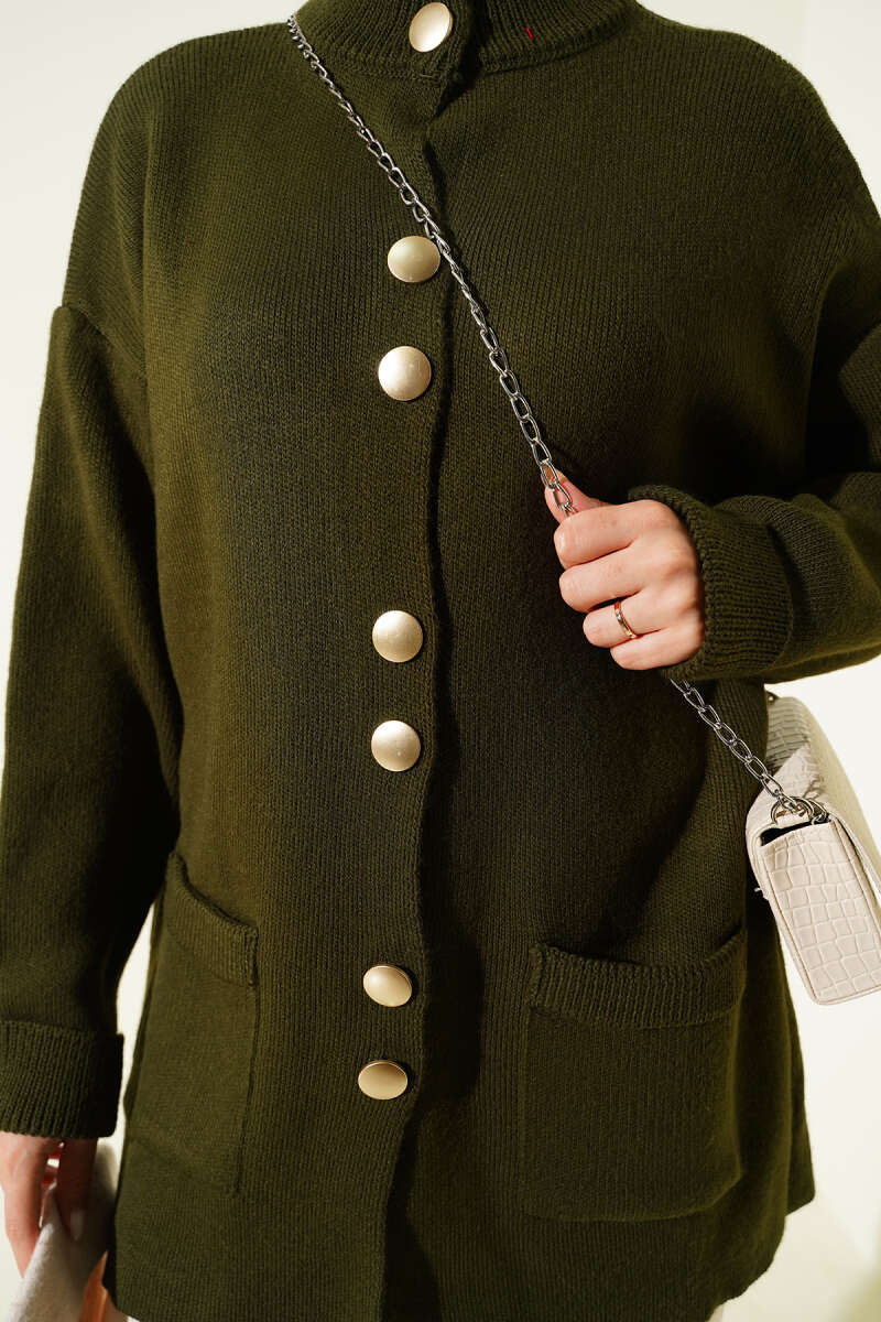 Gold Buttoned Pocket French Terry Knit Cardigan Khaki - الصورة 4